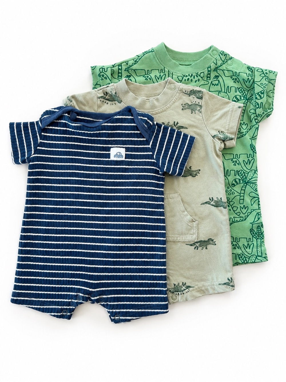 Baby One-Piece Shorts Bodysuit - Navy Stripe, Sage, Green Dinosaur Theme - 3pk